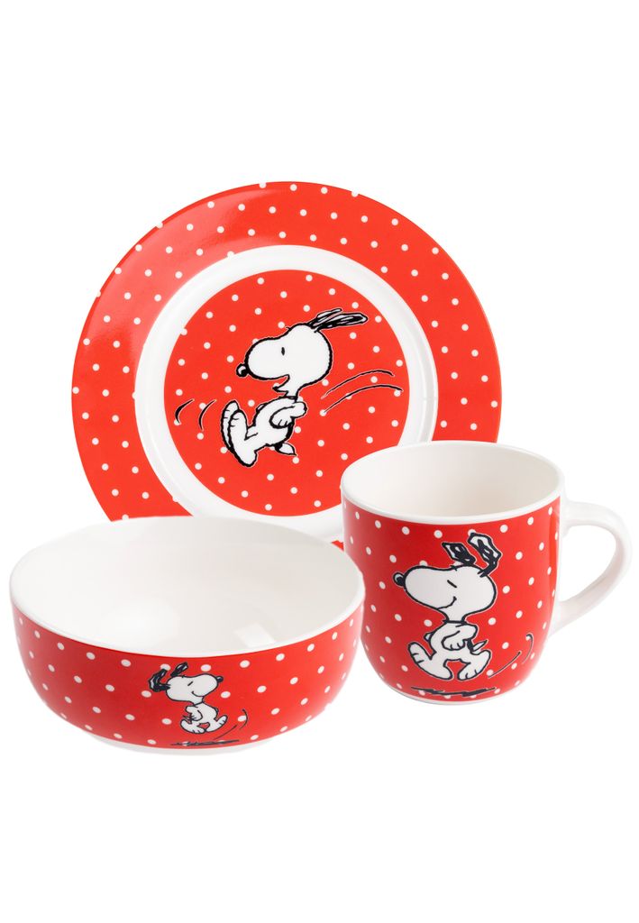 The Peanuts Frühstücksset Snoopy - Geschirr Set 3-teilig Teller, Schale & Tasse Rot mit Punkten aus Porzellan