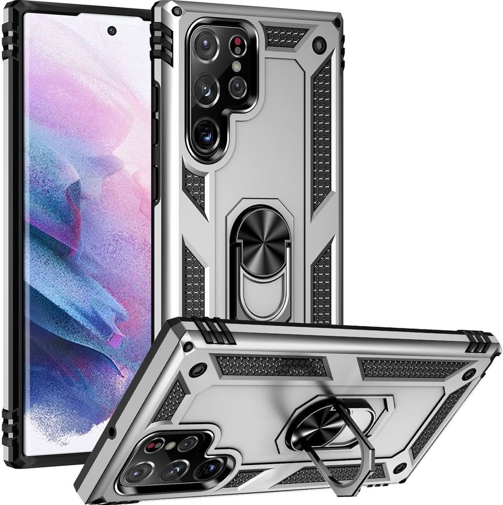 Mobigear Armor Ring Samsung Galaxy S23 Ultra Hülle Hardcase Backcover Stoßfest mit Ringhalter - Silber