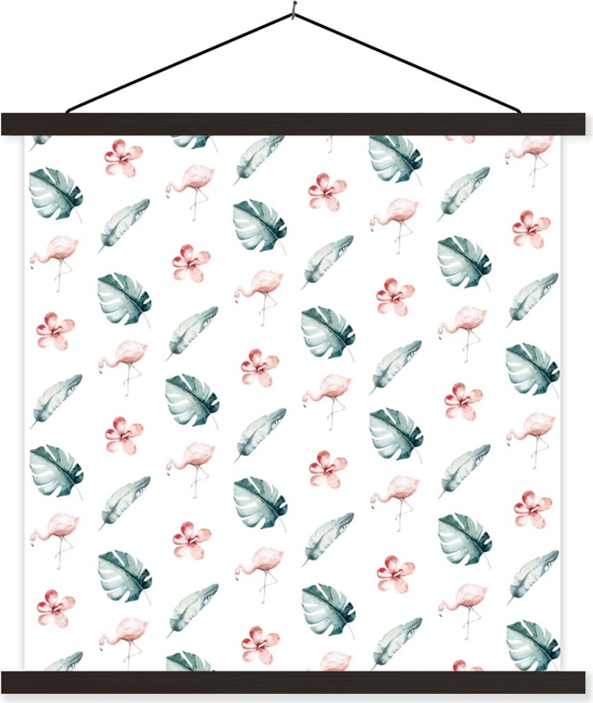 MuchoWow Textilposter Flamingo - Muster - Blätter 90x90 cm mit schwarzem Rahmen - Magnetisches