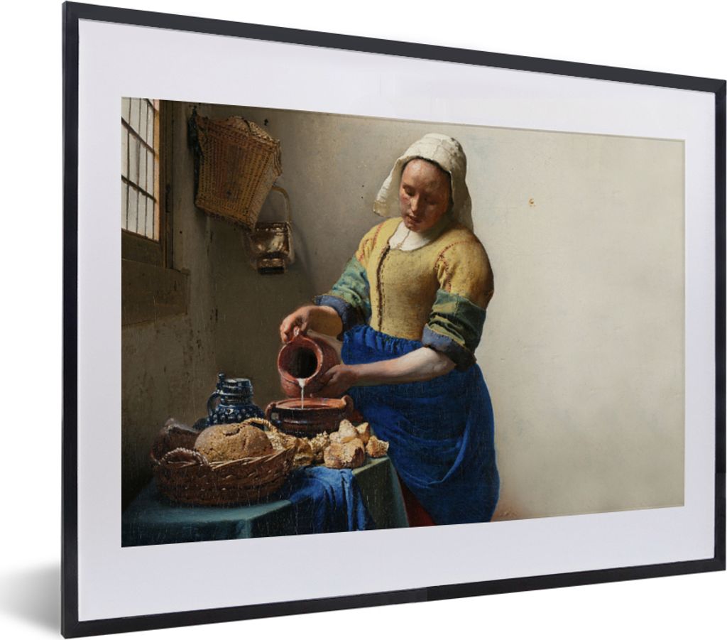 MuchoWow Gerahmtes Poster Das Milchmädchen - Kunst - Alte Meister - Vermeer 40x30 cm - Poster mit Schwarzem Bilderrahmen Wandposter Rahmen Foto ...
