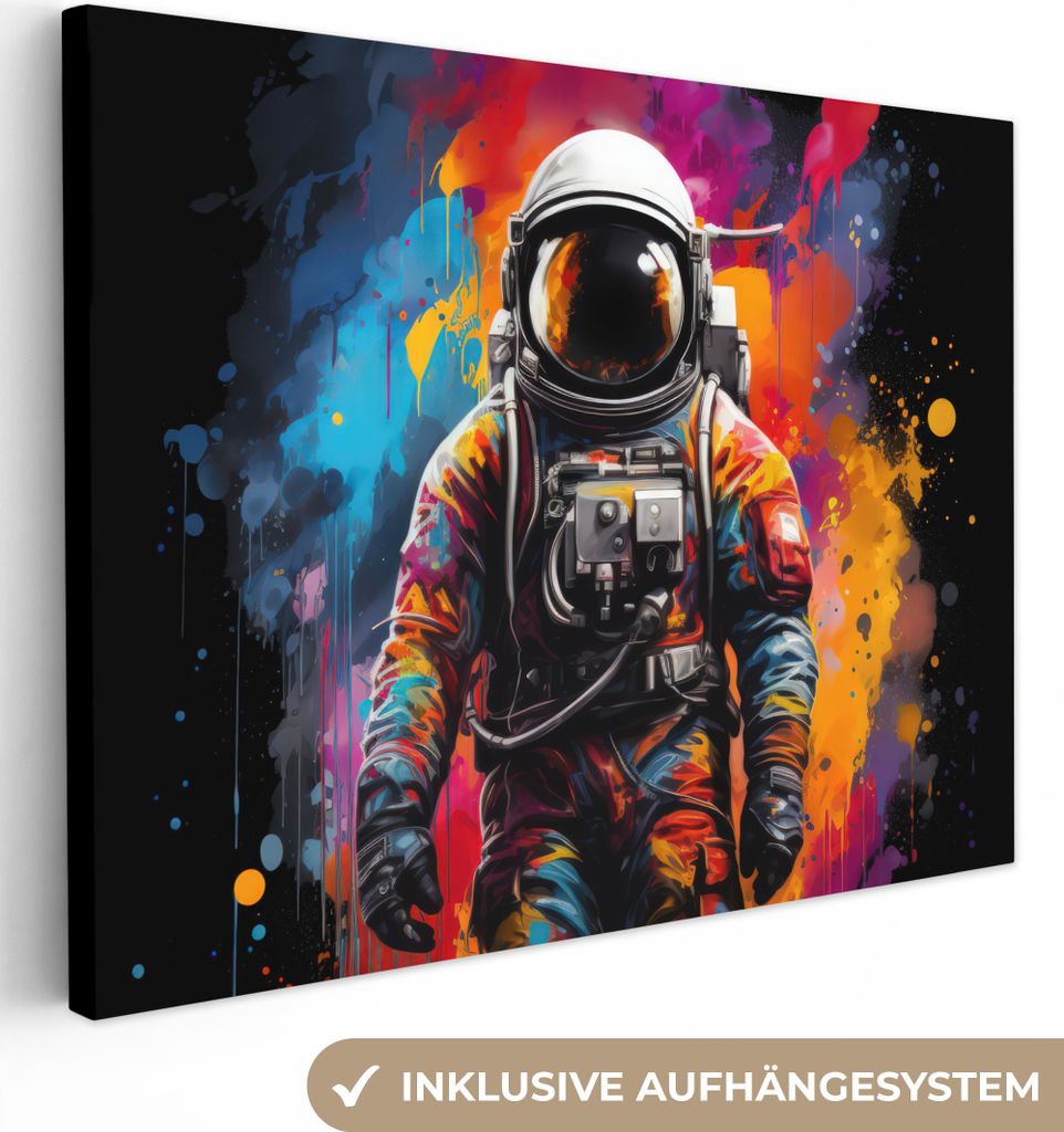 Leinwandbilder 40x30 cm - Graffiti - Astronaut - Schwarz - Farben, Bilder Wohnzimmer Modern, Wanddeko