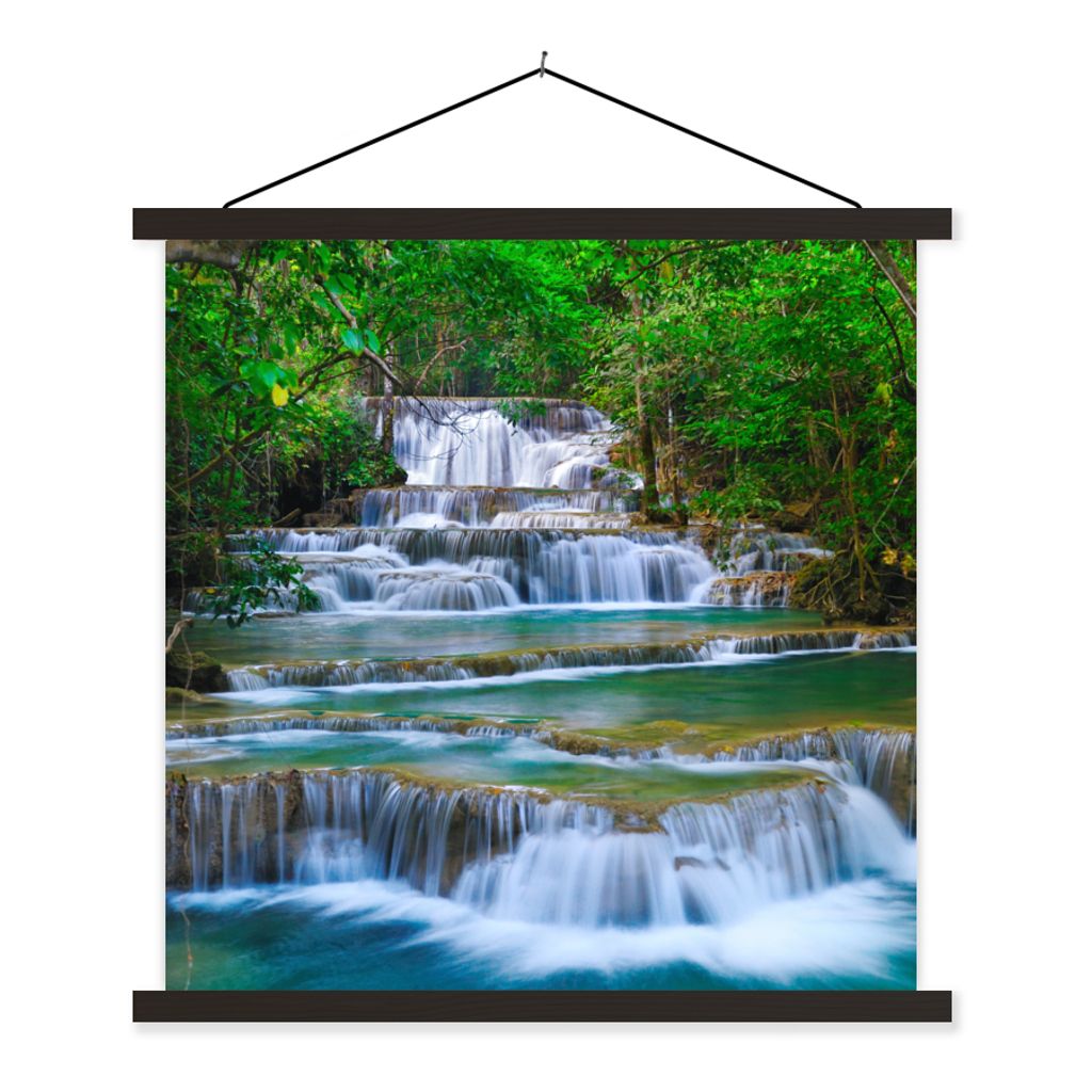 MuchoWow Textilposter Wasserfall - Bäume - Natur - Dschungel 90x90 cm mit schwarzem Rahmen - Magnetisches