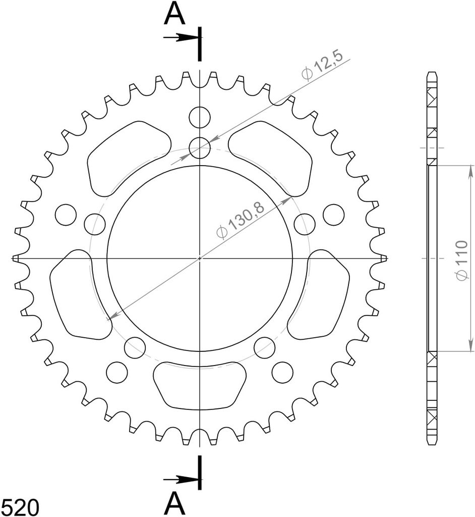 Alu-Kettenrad Supersprox 520 - 42Z (schwarz) RAL-7_520:42-BLK|ID 110,0 LK 130,8 5-Loch