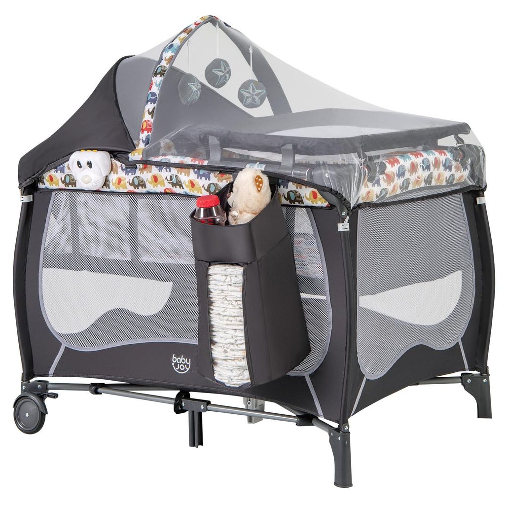 GOPLUS 4-in-1 Babybett, tragbares Baby Reisebett mit Matratze, Kinderreisebett mit Rollen Seitenwände Tragetasche, Grau, Bunte Elefanten