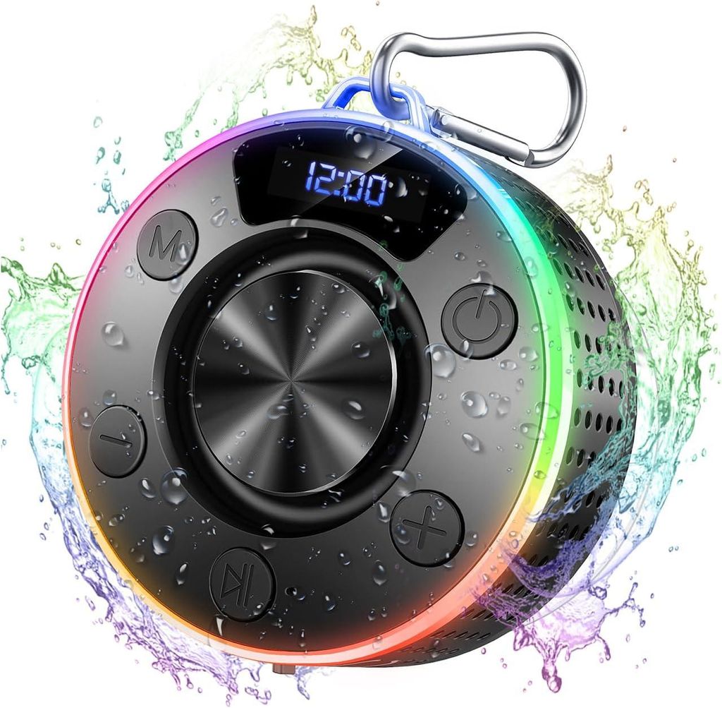 Bluetooth Lautsprecher Klein Duschlautsprecher IPX7 Wasserdicht Tragbar Musikbox mit LED Licht, Bluetooth 5.3, Kristallklarer Sound, 10 Std Akku