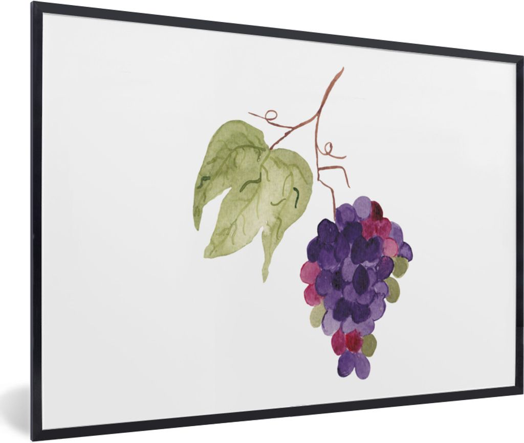 MuchoWow Gerahmtes Poster Weintrauben - Blätter - Aquarell 90x60 cm - Poster mit Schwarzem Bilderrahmen Wandposter Rahmen Foto Bilder - Fotorahm...