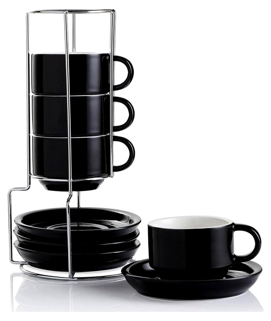 Porzellan Cappuccino Tassen mit Untertassen und Metallständer, stapelbare Espressotassen für Kaffeegetränke, Latte, Americano, Tee, Set von 4 (s...