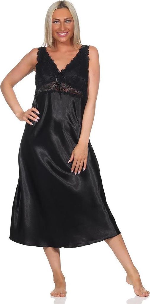 Damen Negligé Satin Nachtkleid Reizwäsche mit Spitze; Schwarz/L
