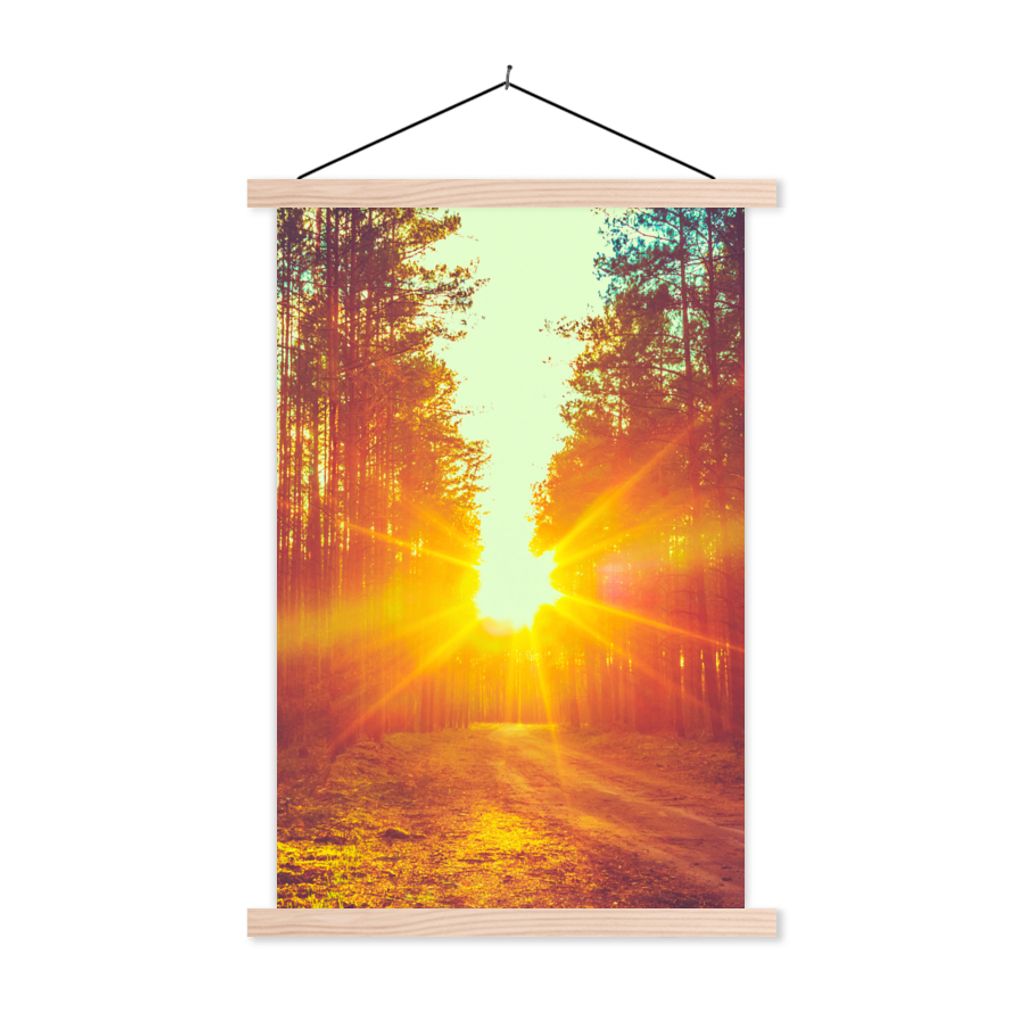 MuchoWow Textilposter Sonnenuntergang - Bäume - Wald - Natur 120x180 cm mit holzfarbenen Rahmen - Textil-Plakat
