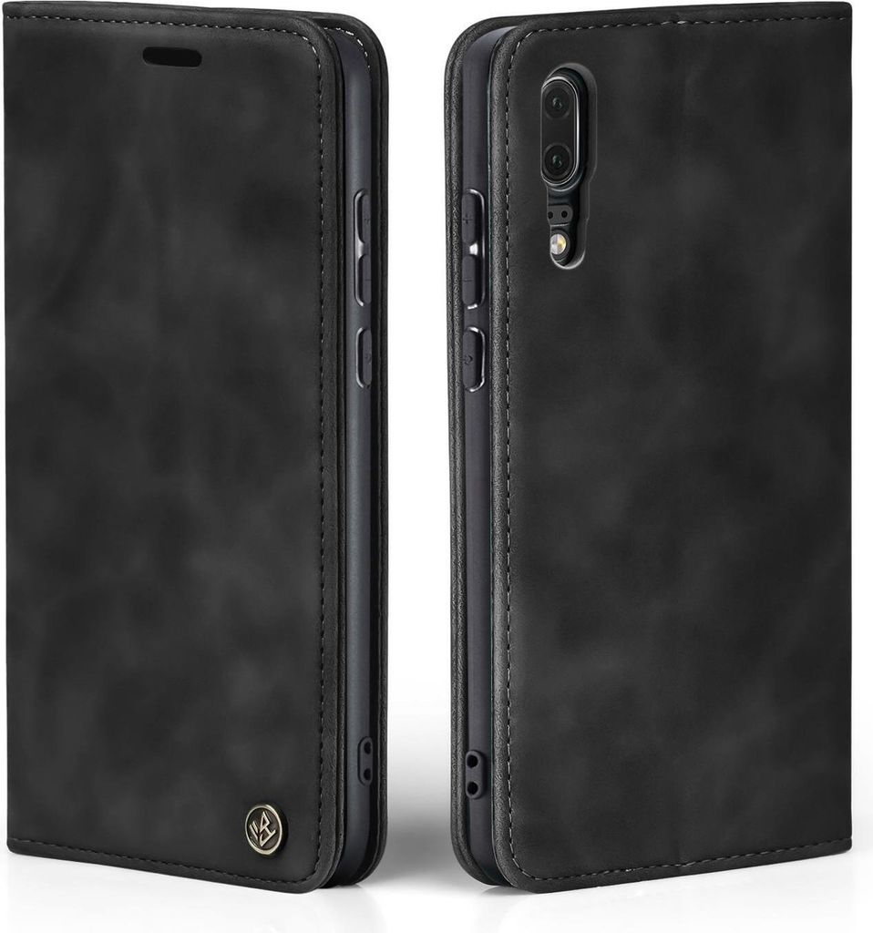 Two views of a black flip-style phone case.