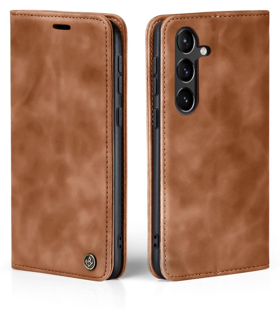 Two views of a brown leather flip phone case for a Samsung Galaxy S23 FE.