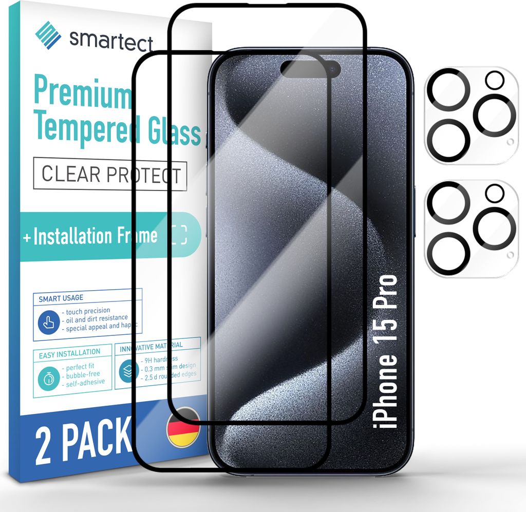 2x Schutzglas Full Screen für iPhone 15 Pro Anbringhilfe + Produktbild 