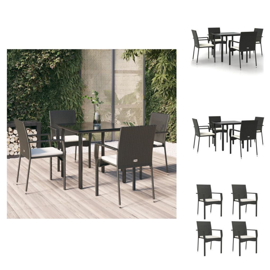 vidaXL 5-tlg. Garten-Essgruppe mit Kissen Schwarz Poly Rattan - Gartenmöbel-Sets