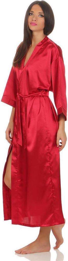 Damen langes Kimono Nachtmantel Seidenrobe Morgenmantel, Weinrot XL