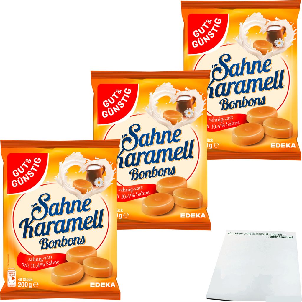 Gut & Günstig Sahne Karamellbonbons 3er Pack (3x200g Beutel) + usy Block