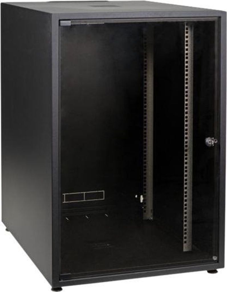 EFB 19Zoll Netzwerkschrank OFFICE SERIE 18HE 600X800 RAL9005 Schwarz IP20 komplett vormontiert und zerlegbar Glasfront 45KG Traglast