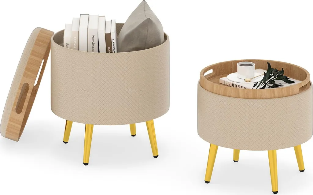 Table d'Appoint et Siège Gain de Place pour Petit Salon - Set 2 Poufs