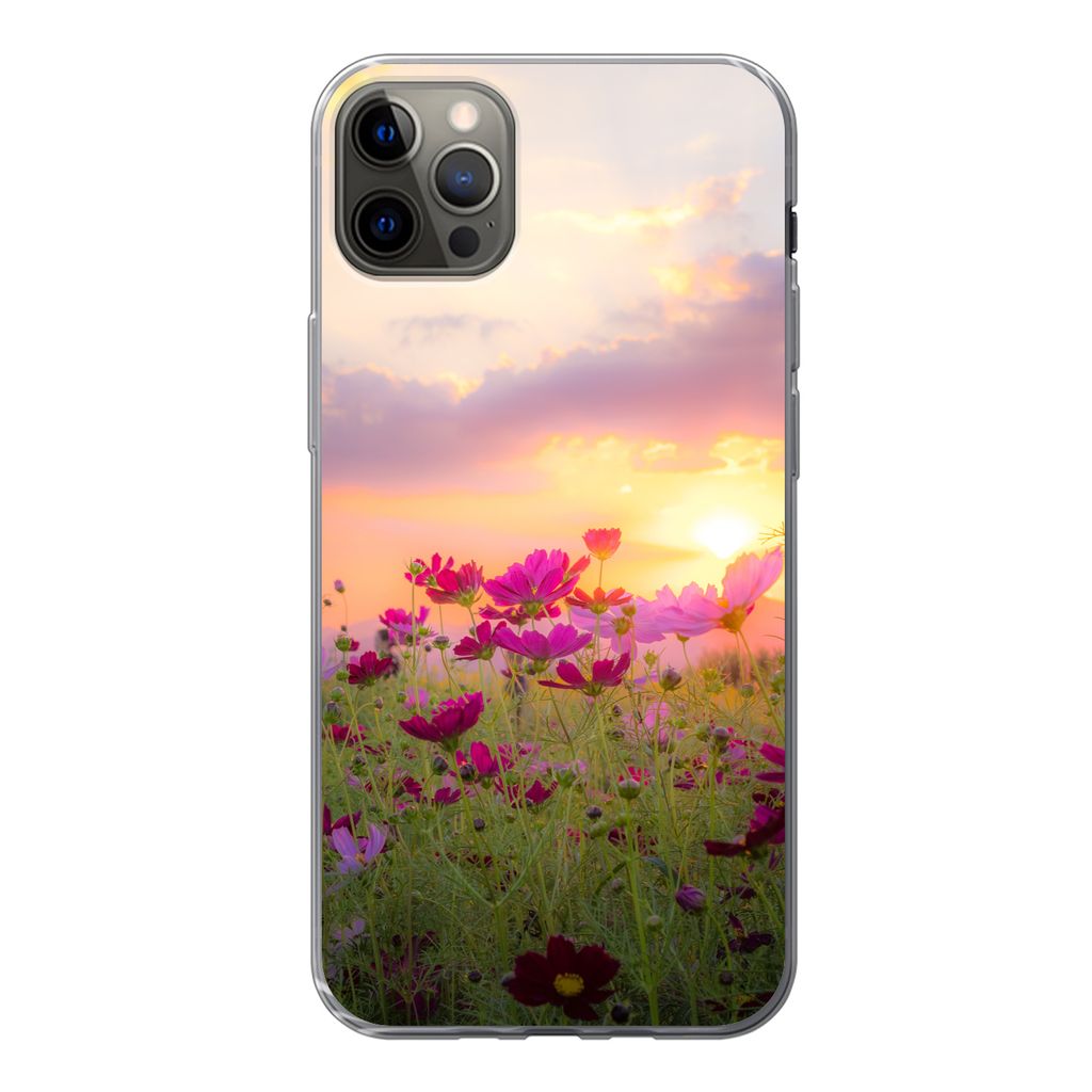 MuchoWow Handyhülle Schutzhülle Hülle für iPhone 13 Pro Max Sonnenuntergang - Blumen - Rosa - Natur - Grün Silikon Softcase Handy Hülle - M...