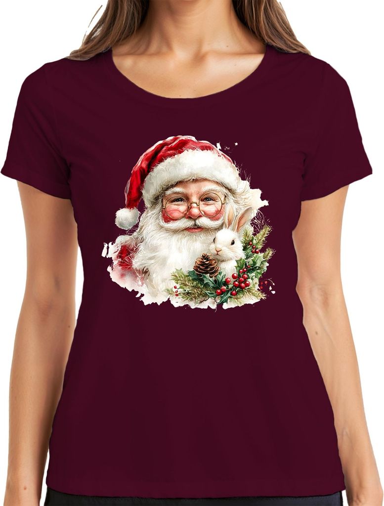 Weihnachtsmann Kaninchen Tannenzapfen Stechpalme Aquarell Damen T-Shirt, Burgundy, S