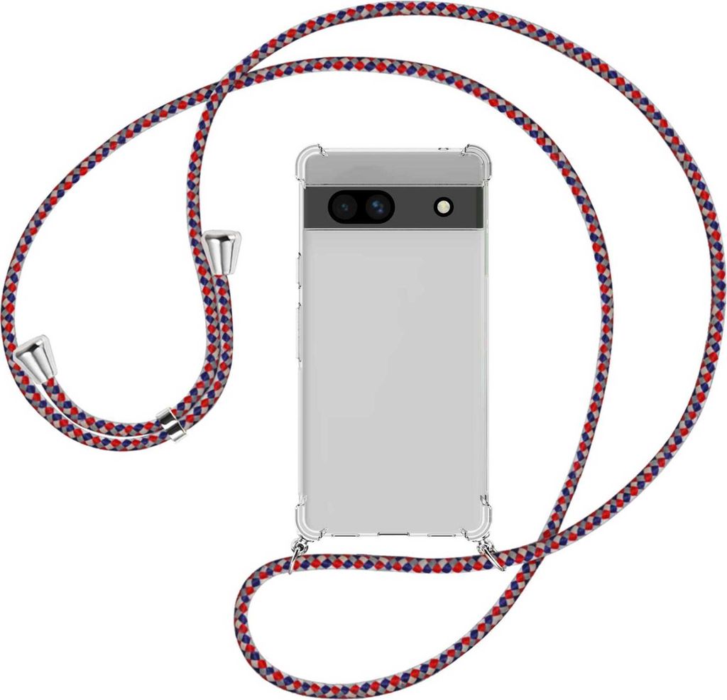 Handykette Backcover-Schutzhülle mit Band (Metall silberfarben) für Google Pixel 7a - silber/blau/rot