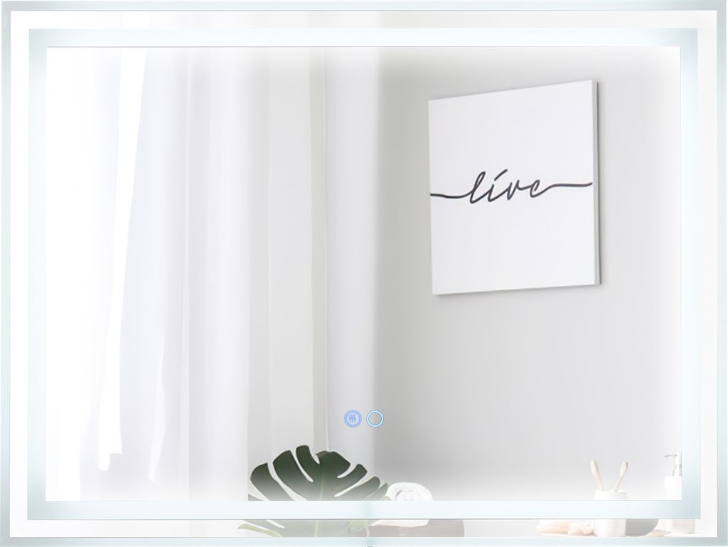 A modern bathroom mirror with integrated LED lighting, reflecting a minimalist interior with a framed artwork and a plant.