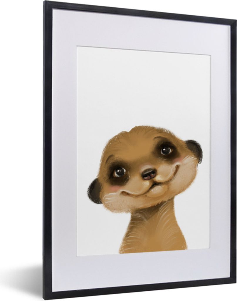 MuchoWow Gerahmtes Poster Erdmännchen - Porträt - Weiß 30x40 cm - Poster mit Schwarzem Bilderrahmen Wandposter Rahmen Foto Bilder - Wandposter...