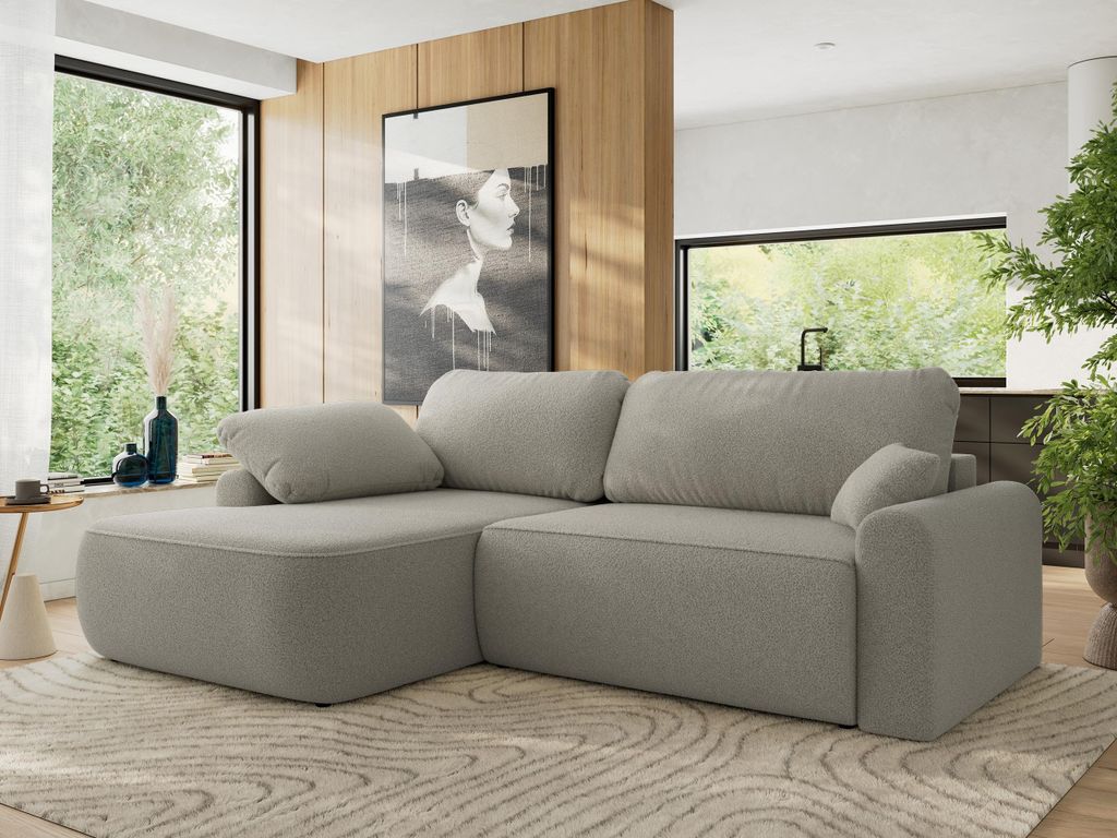 MKS MEBLE Ecksofa CUBO L-form, lose Kissen, Ecksofa 273x187x100 cm mit Schlaffunktion, Bettkasten - Hellgrau Boucle - Links Seite