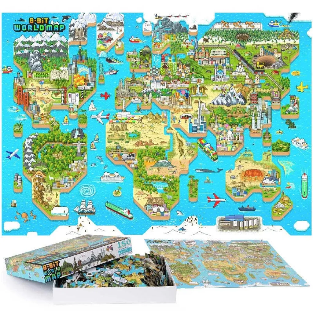 Puzzle Carte du Monde pour Enfant - 180 Pièces au Design 8 Bit Coloré