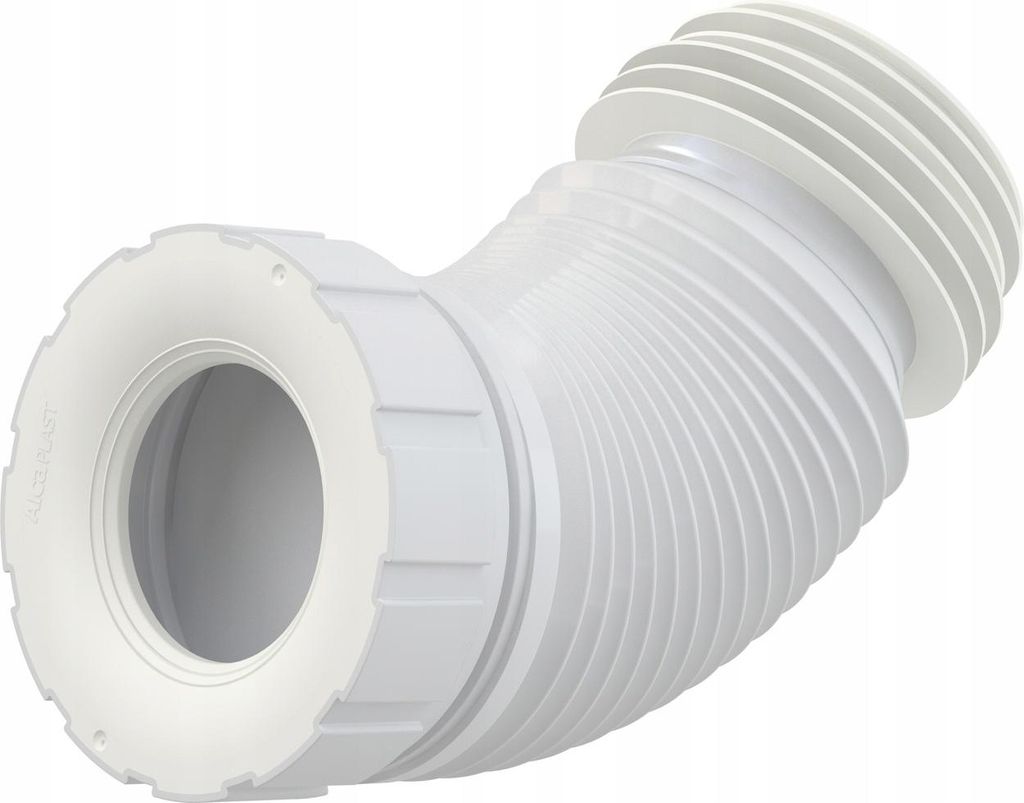 A white flexible pipe fitting for a toilet.