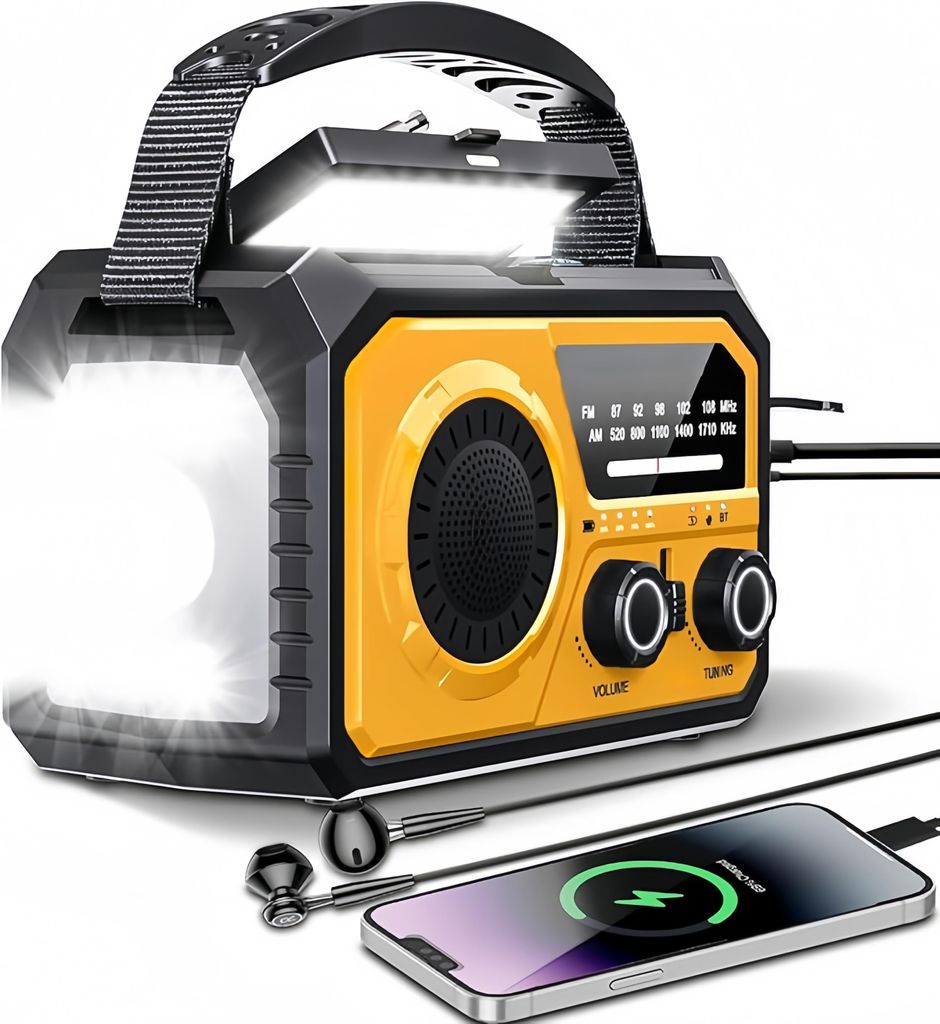 16000mAh Kurbelradio,Tragbares Notfallradio mit Kurbel,AM/FM Solar Radio mit Handyladefunktion SOS Alarm/Kopfhöreranschluss/Leseleuchte/Kompass