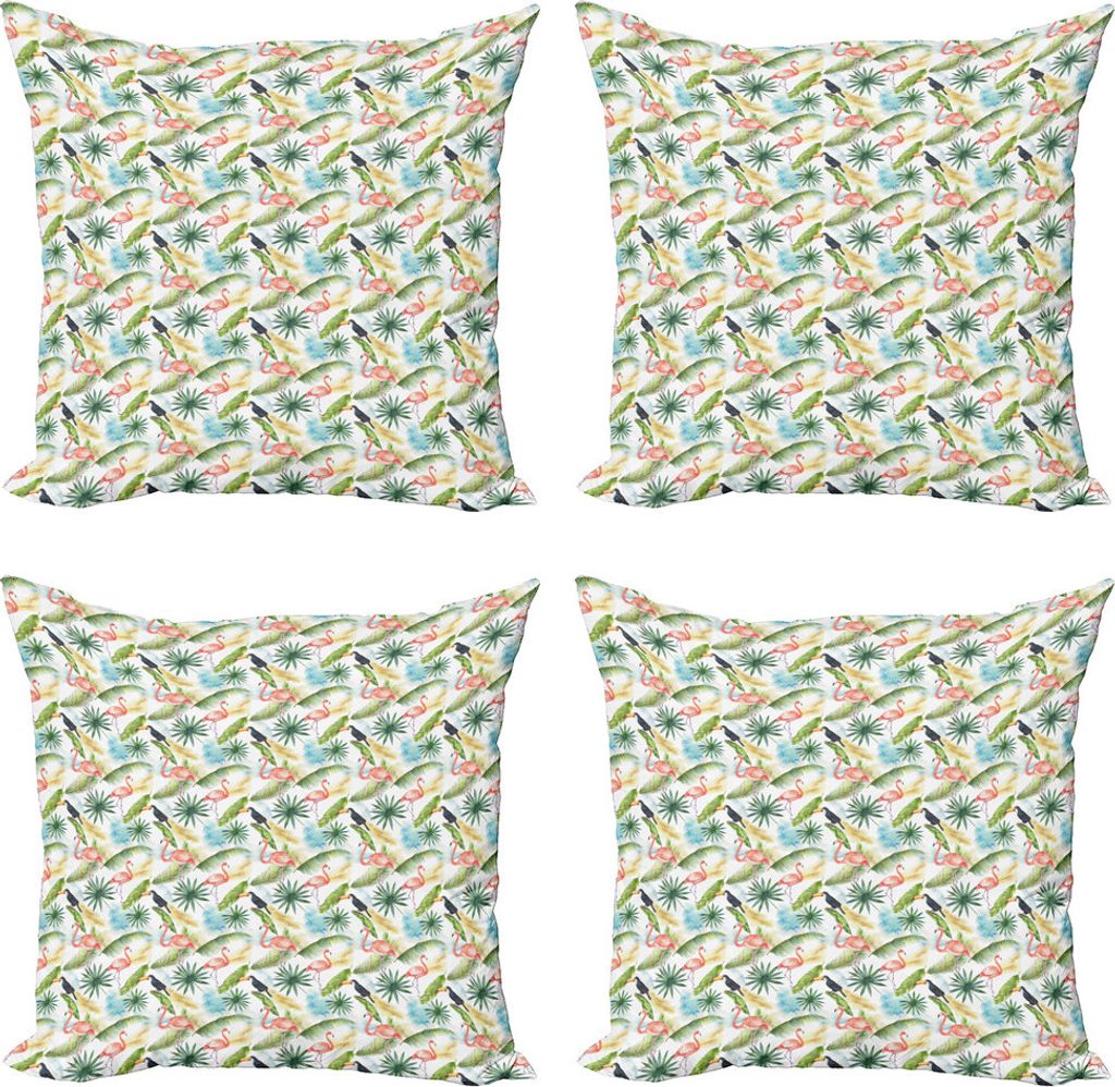 ABAKUHAUS hawaiisch Kissenbezug Set (4 Stück), Aquarell Toucan Flamingo, Moderner Doppelseitiger Digitaldruck, 45 cm x 45 cm, Mehrfarbig