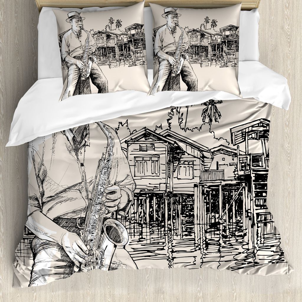 ABAKUHAUS Jazz Musik Bettbezug, River Bank Palmen, Milbensicher Allergiker geeignet mit Kissenbezügen, 155 cm x 220 cm - 80 x 80 cm, beige Schwarz