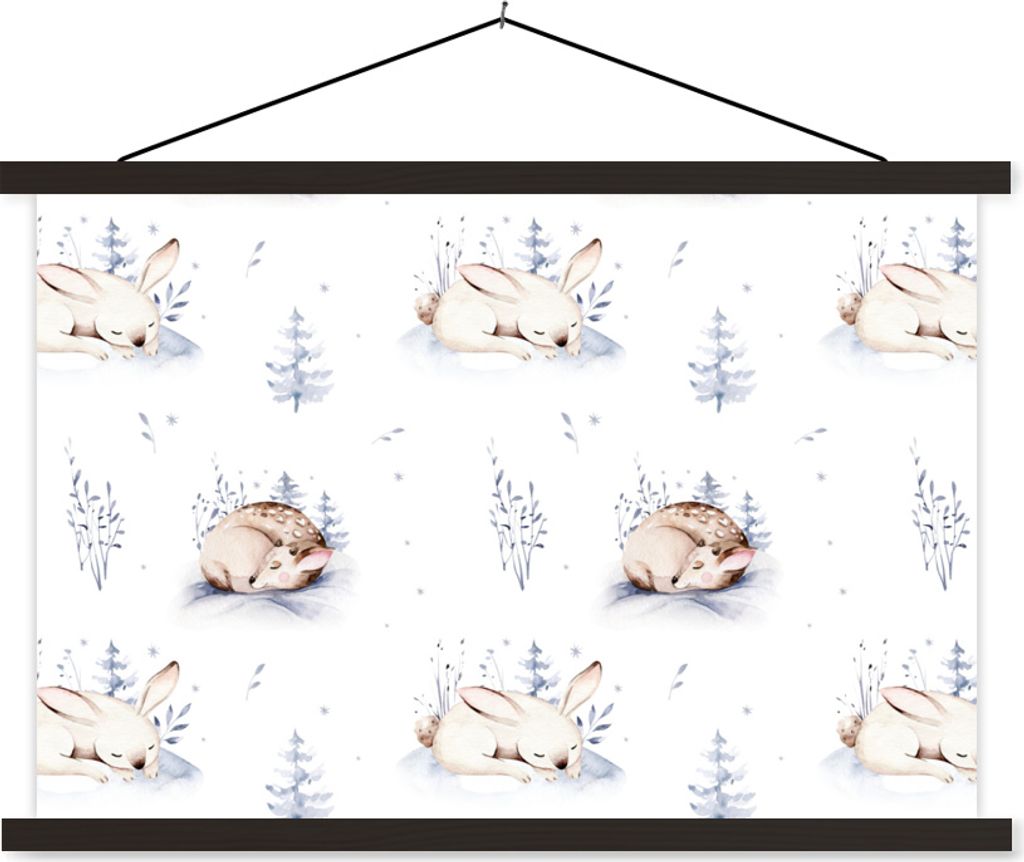 MuchoWow Textilposter Winter - Hasen - Rehe 120x80 cm mit schwarzem Rahmen - Wanddeko