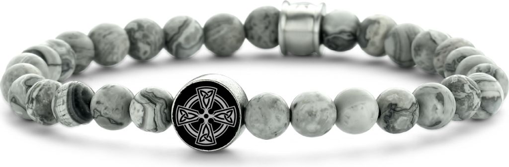 Frank 1967 7FB-0468 Matt Map Stone Herren-Perlenarmband – Matt Mapstone – 8 mm – Stahlelement – 12,5 mm – Silberfarben