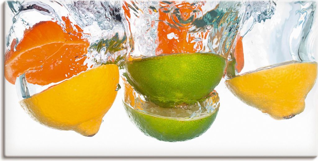 ARTland Leinwandbild Zitrusfrüchte fallen in klares Wasser Größe: 150x75 cm