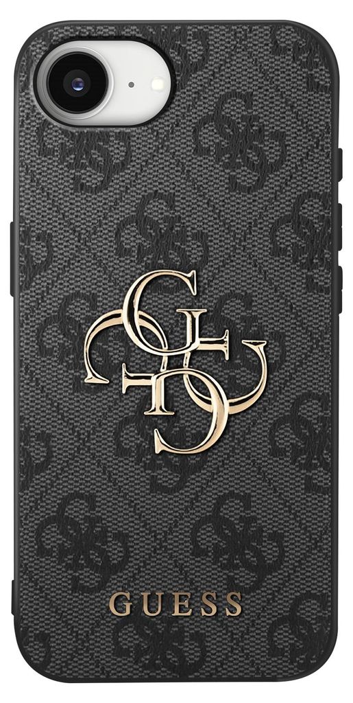 Guess, Hülle iPhone 16e 4G-Motiv Monogramm Großes Metalllogo, Schwarz