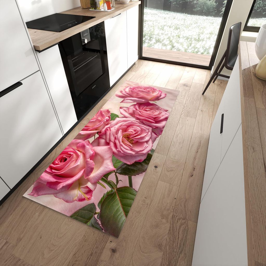 Küchenteppich 80x200cm rutschfest & abwischbar PVC Läufer - Rosenblütenpracht