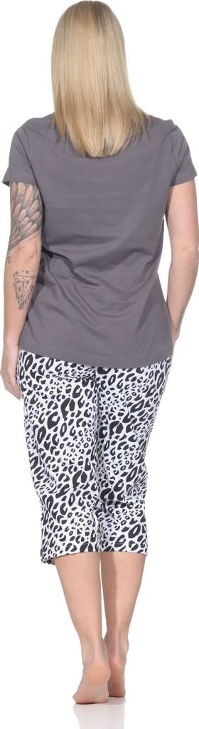 Normann Damen Capri Schlafanzug kurzarm Pyjama mit Animal Print Motiv – auch in Übergröße ; grau , 48