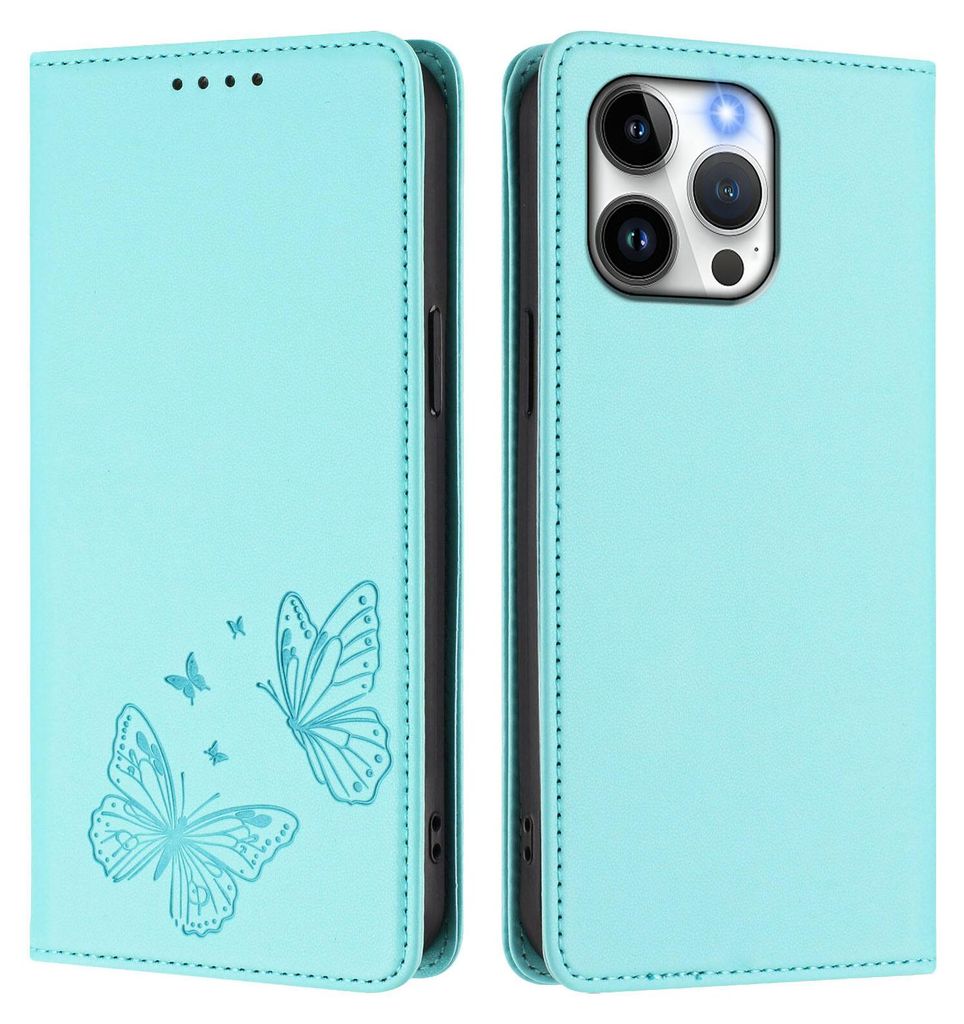 Lederhülle für iPhone 15 Pro Max, Schmetterling Prägung Leder Brieftasche Schutzhülle mit Ständer Türkis
