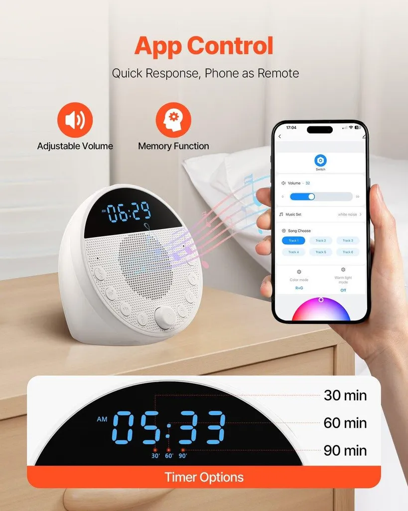 Sound Machine, 18 suoni rilassanti per dormire, luce notturna a 7 colori, macchina del rumore bianco 6 in 1 con doppio allarme, APP, timer di spegnimento automatico e funzione di memoria, per neonati, adulti, casa, ufficio e viaggi - 5