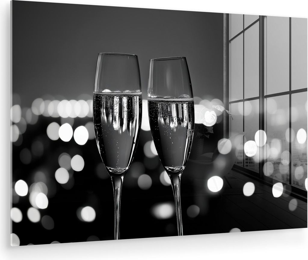 MuchoWow Glasbilder - Bilder auf Wandbild - Foto auf Glas Seifenblasen - Prost - Champagnergläser - Lichter der Stadt 60x40 cm Wanddekoration aus ...