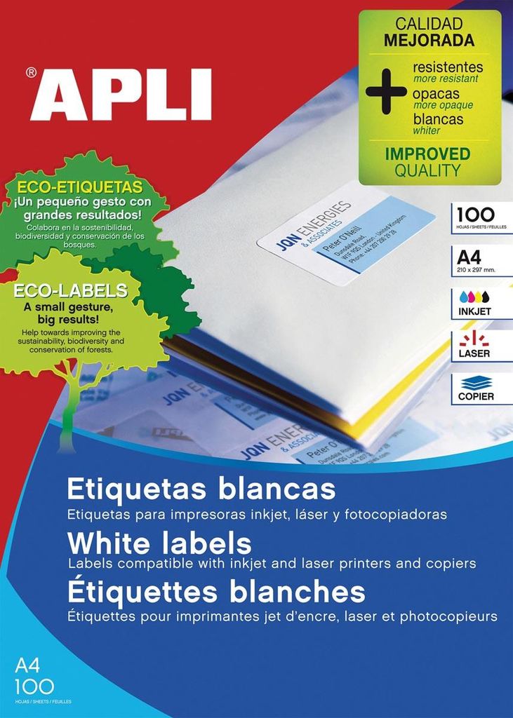 Apli – Weiße Etiketten ft 105 x 48 mm (B x H), 1.200 Stück, 12 pro Blatt (1289)