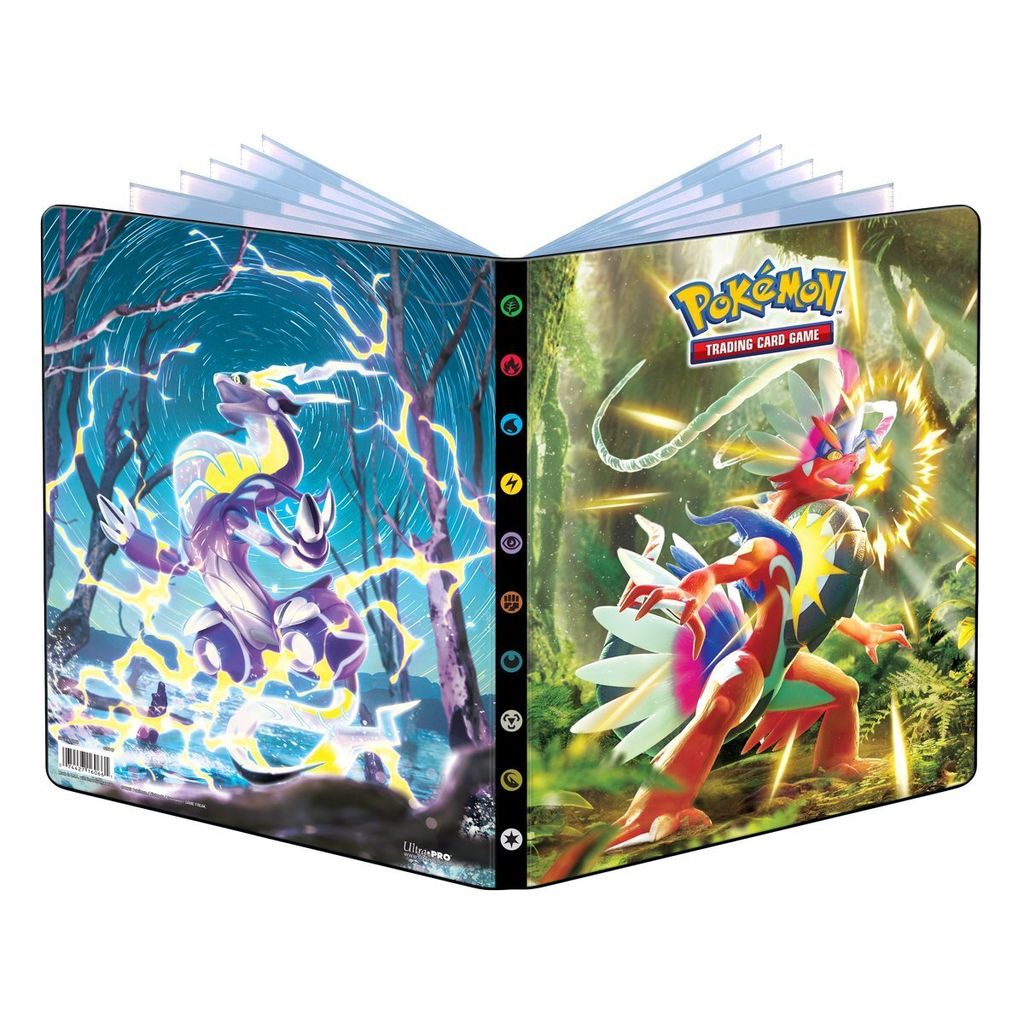 An open Pokémon A4 album showing artwork of two Pokémon on the inside covers.