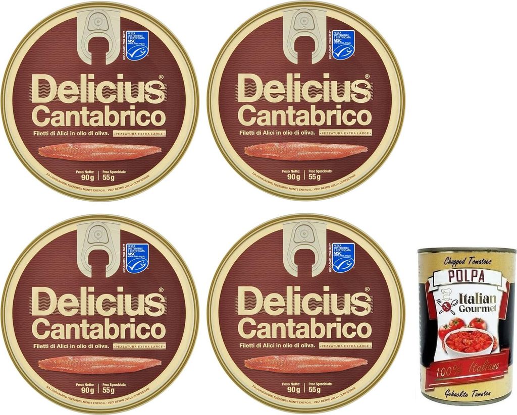 4x Delicius Cantabrico Filetti di Alici in Olio di Oliva,Sardellenfilets in Olivenöl,Hochwertiger Blauer Fisch,90g Dose + Italian Gourmet Polpa di...