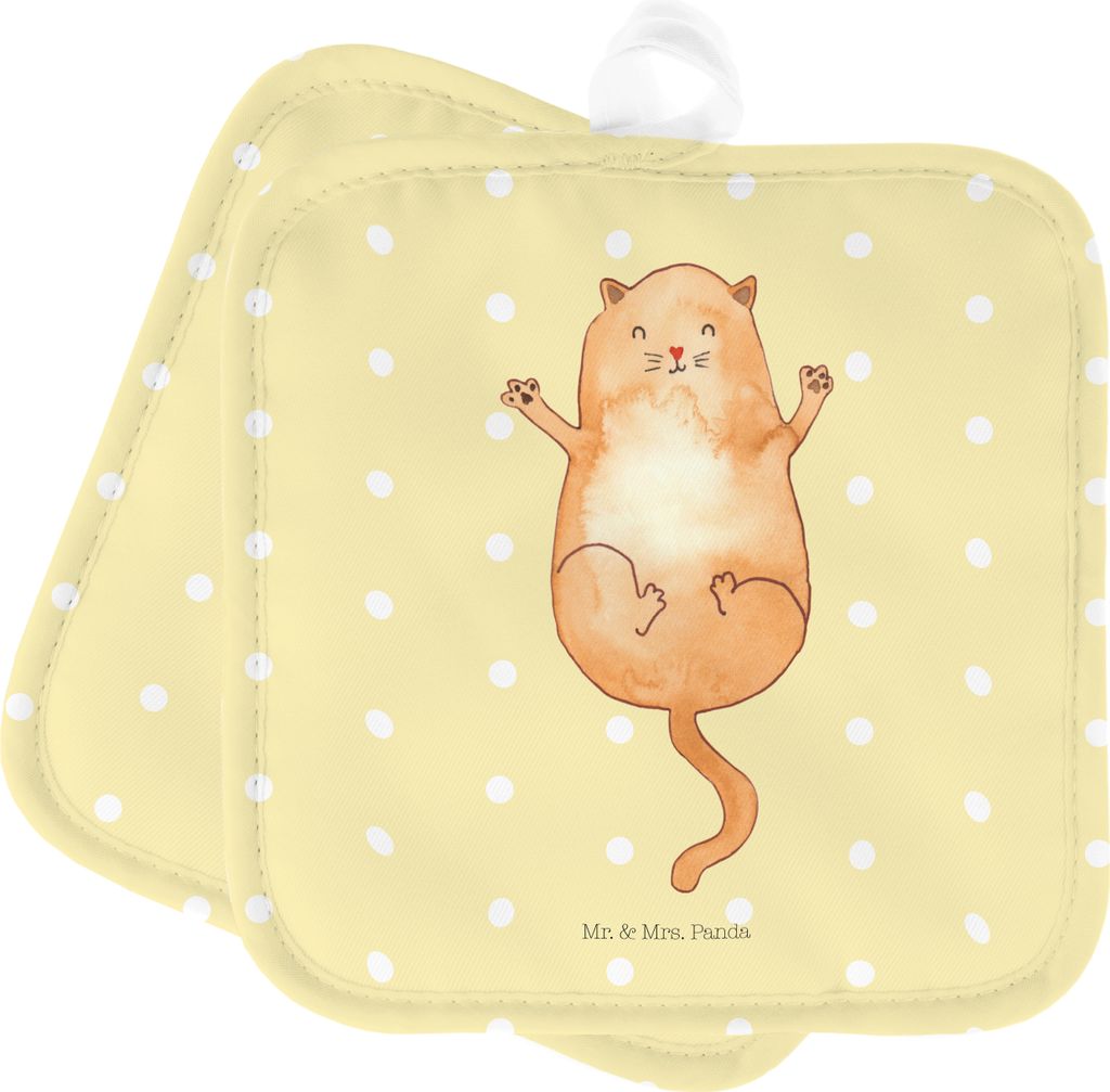 Mr. & Mrs. Panda Topflappen Katze Umarmen - Gelb Pastell - Geschenk, Cat, Katzen, Set, Kochlappen, Cats, Freundin, Topfuntersetzer, 2er, topfhalter