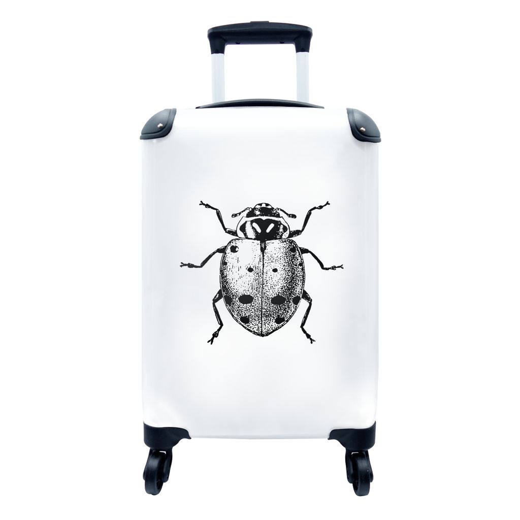 MuchoWow Koffer Handgepäck Trolley Rollkoffer Kleine Reisekoffer mit 4 Rollen - Vintage - Marienkäfer - Insekten - Schwarz und weiß - Cabin Si...