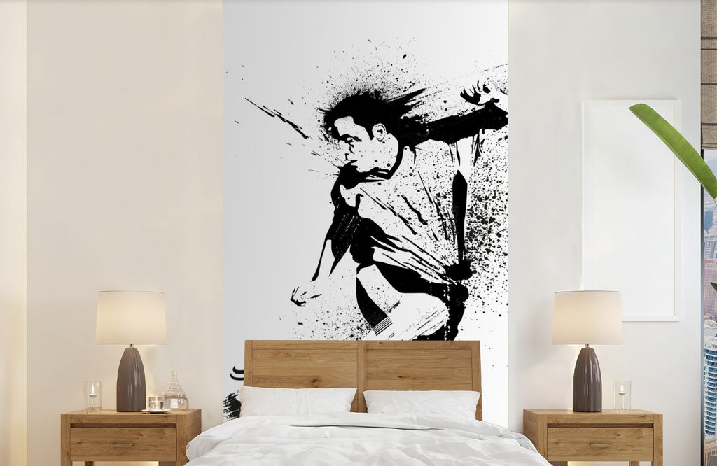 MuchoWow Fototapete für Wohnzimmer oder Schlafzimmer Wandtapete Vinyl Motivtapete Eine Illustration einer Person, die einen Fußball in Richtung...