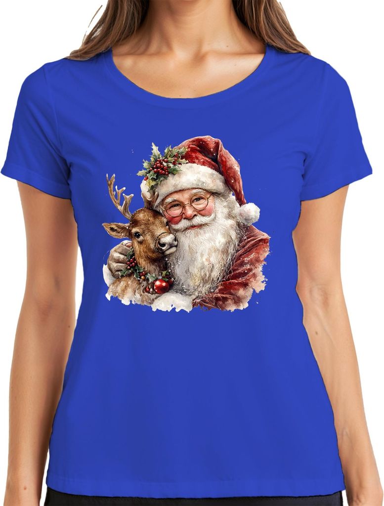 Weihnachtsmann mit Rentier Aquarell Vintage Geschenk Weihnachten Damen T-Shirt, Blau, M