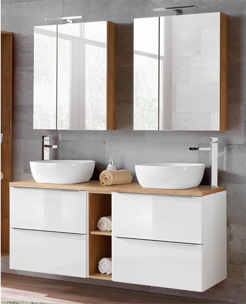 Badezimmer Set mit 2 Keramik-Aufsatzwaschbecken und 2 Spiegelschränken TOSKANA-56 Hochglanz weiß & Wotaneiche BxHxT ca. 140/190/46cm