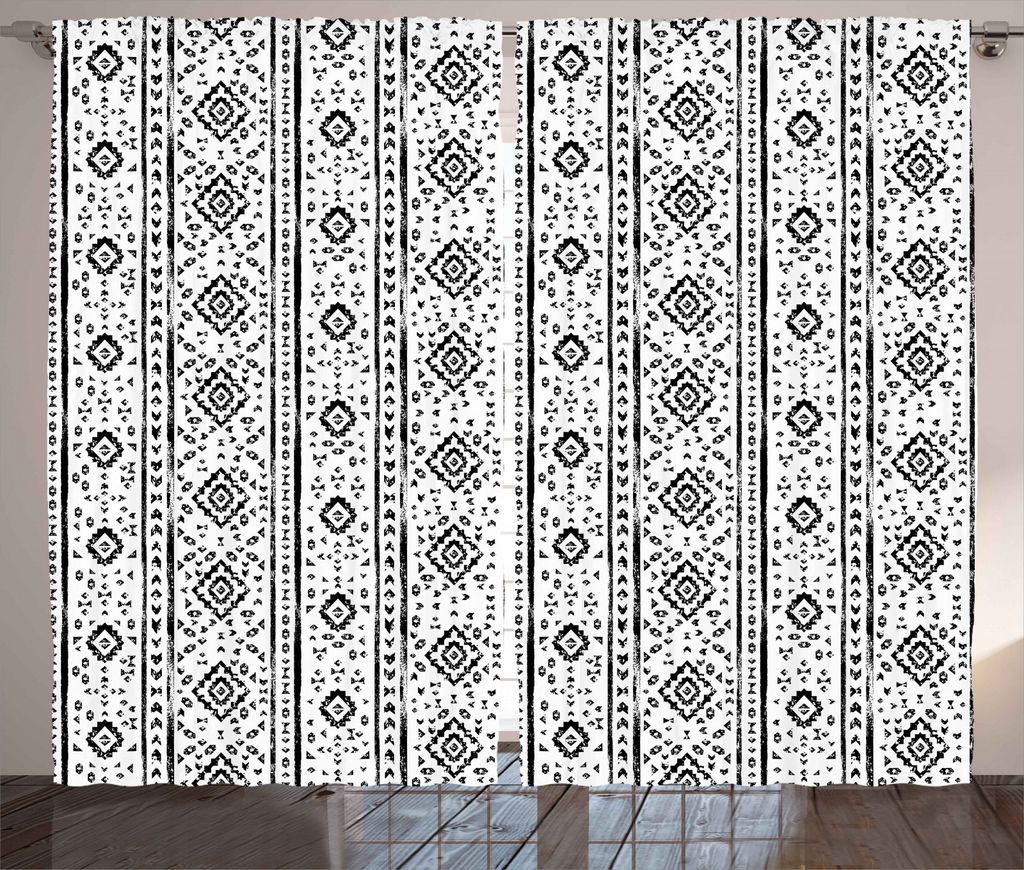 ABAKUHAUS Ethnisch Rustikaler Gardine, Grunge Aztec Muster, Schlafzimmer Kräuselband Vorhang mit Schlaufen und Haken, 280 x 245 cm, Schwarz und weiß